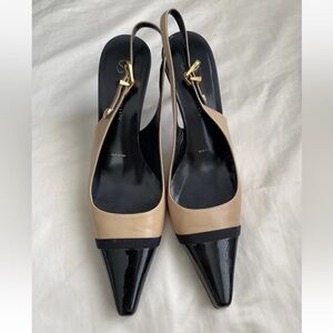 St. John Black & Tan Napa Leather Sling Back Heels Size 6B/ New Taps EUC